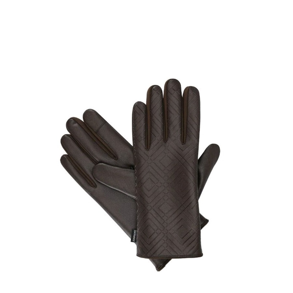 Women's  Isotoner Embossed Faux Leather Touchscreen Gloves- Brown Size S/M